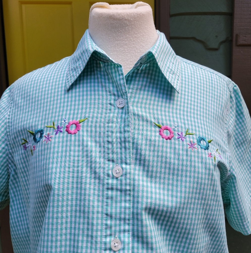 Gingham Embroidered Blouse | Floral Detail | Cottagecore Classic | Blair Size M